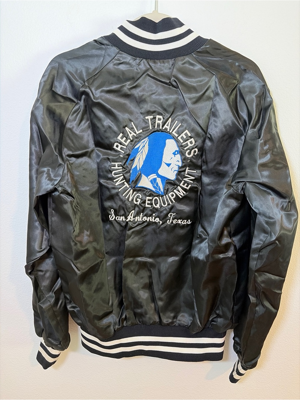 Vtg Westark Black Satin Bomber Jacket Women M Texas Native American Graphic USA